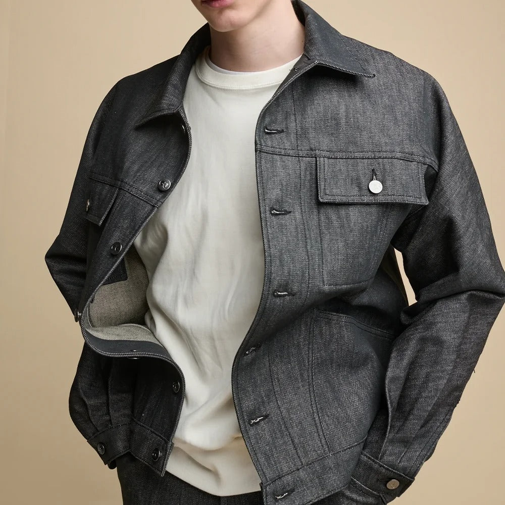 Dark Grey Denim Jacket with Flap Chest Pockets
