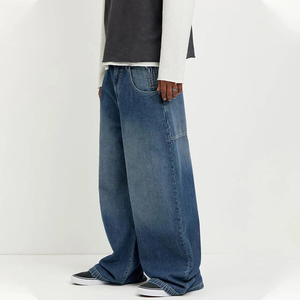Mid Blue Extra Wide-Leg Jeans with Patch Back Pockets