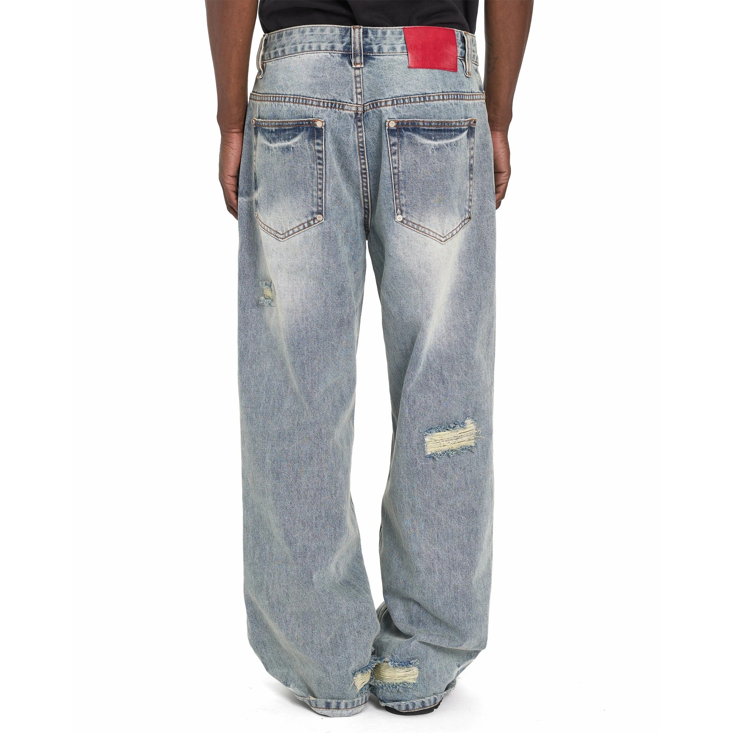 Light Blue Wide-Leg Distressed Jeans with Red Back Patch