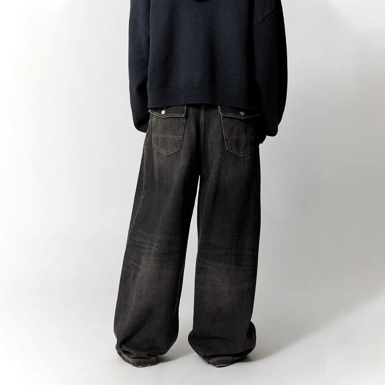 Washed Black Wide-Leg Jeans with Flap Back Pockets