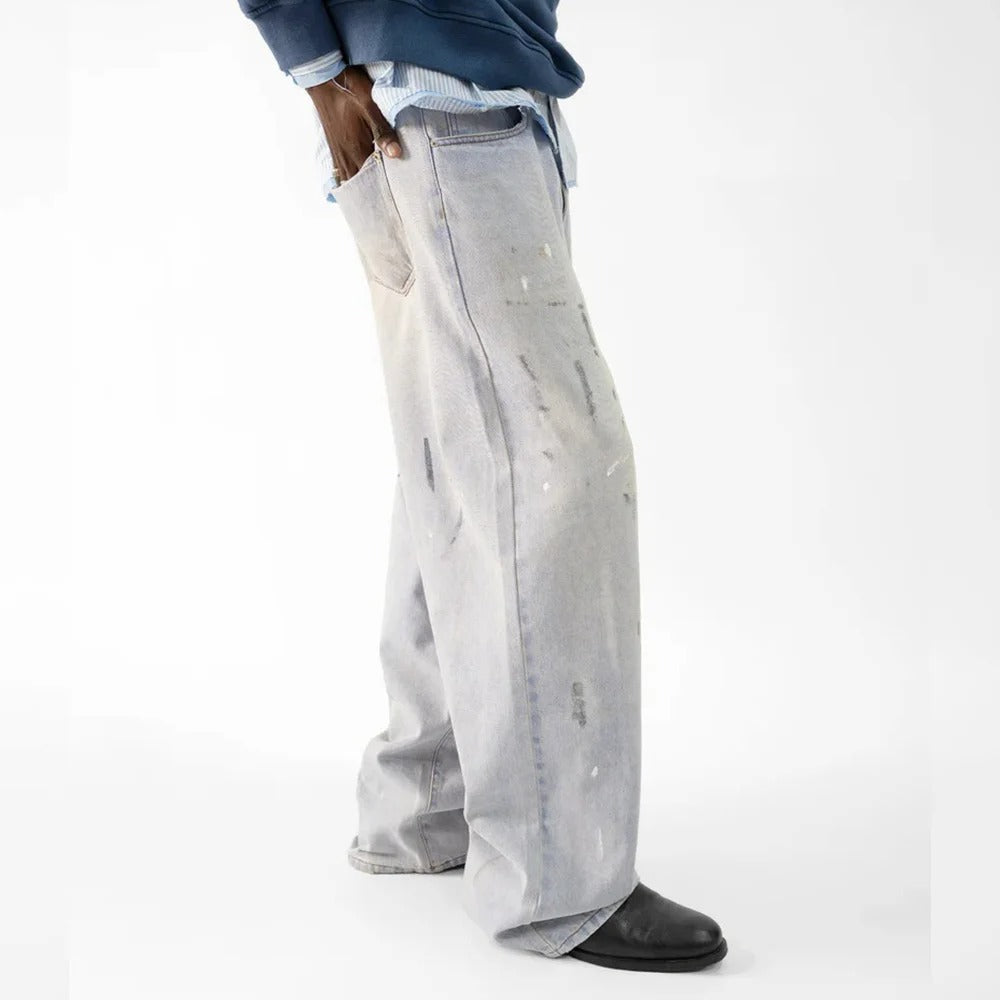 Light Grey-Blue Wide-Leg Jeans with Paint Splatter Effect
