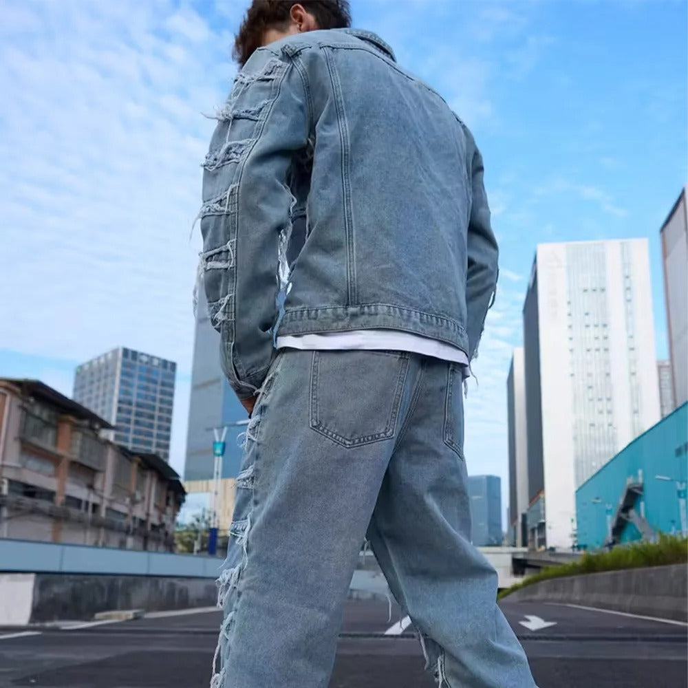 Light Blue Denim Jacket with Frayed Horizontal Panel Seams