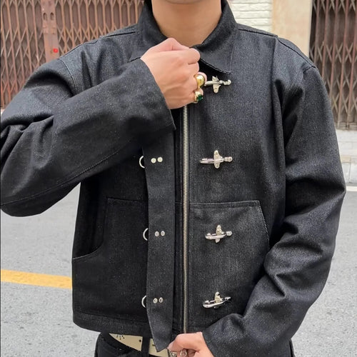 Black Denim Jacket with Metal Clasp Front Closure