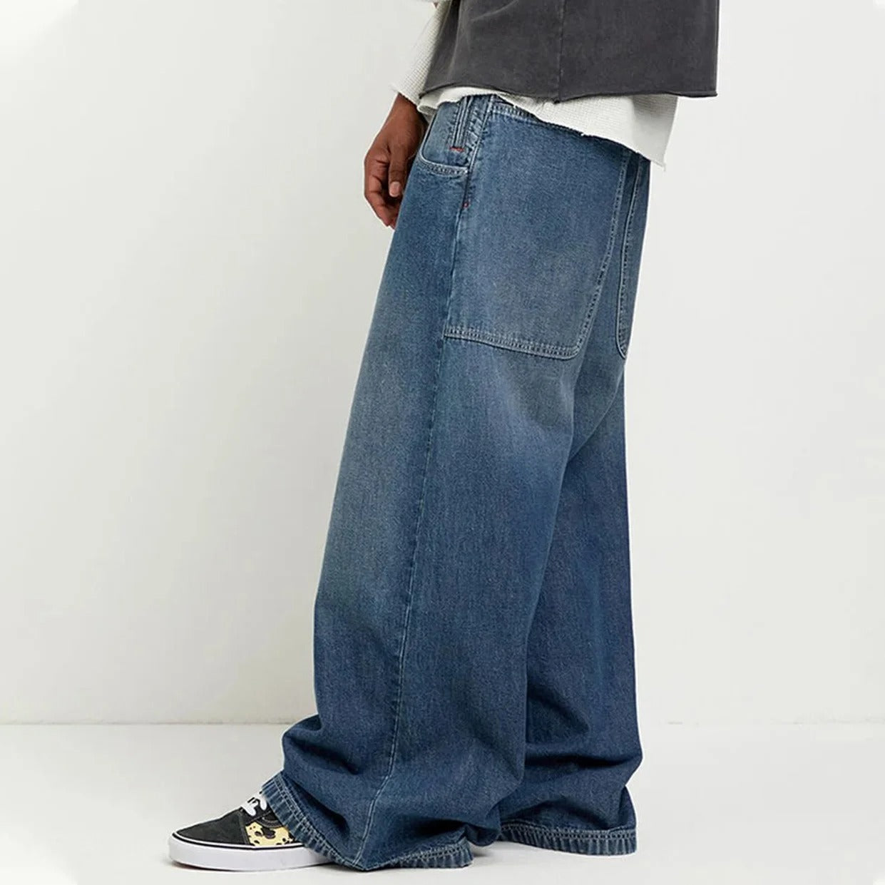 Mid Blue Extra Wide-Leg Jeans with Patch Back Pockets