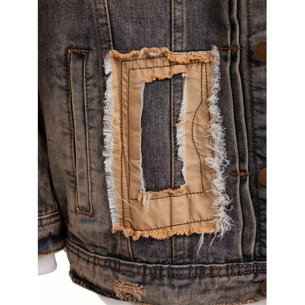 Washed Grey Distressed Denim Jacket with Tan Patch Details