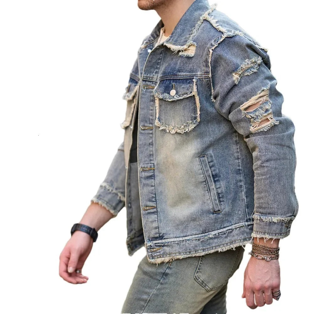 Faded Blue Denim Jacket with Frayed Edges and Distressed Details