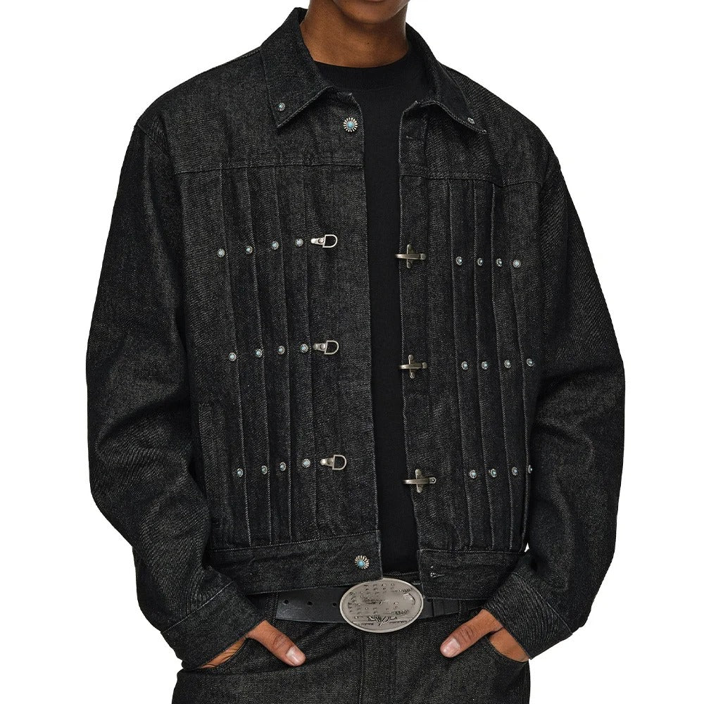 Black Denim Jacket with Metal Clasp Closures and Stud Details