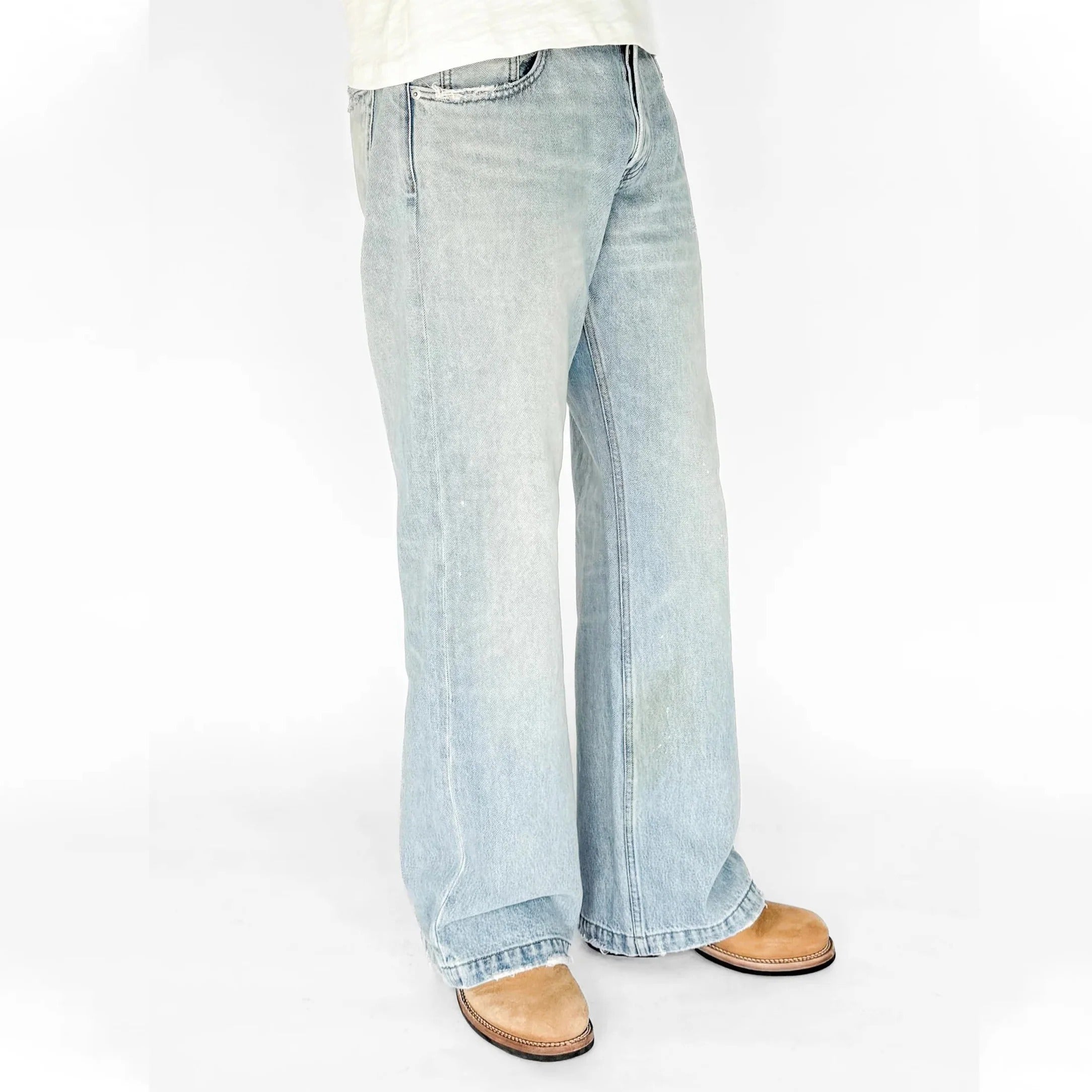 Light Blue Faded Straight-Leg Jeans with Frayed Hems