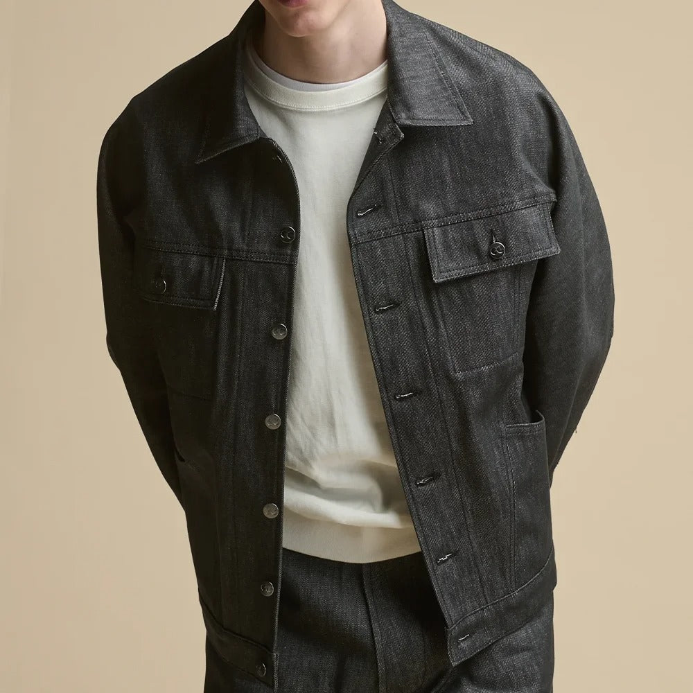 Dark Grey Denim Jacket with Flap Chest Pockets