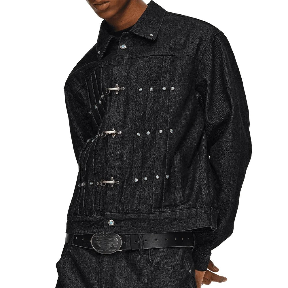 Black Denim Jacket with Metal Clasp Closures and Stud Details