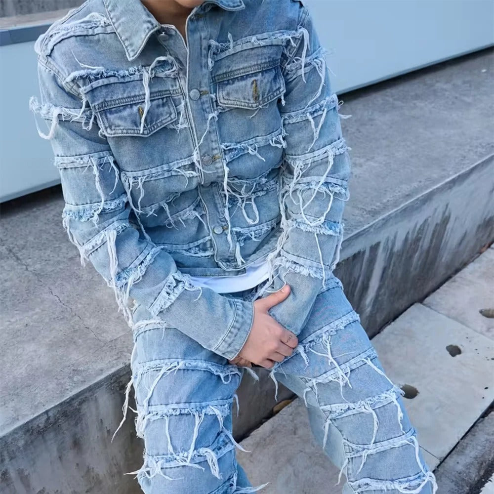 Light Blue Denim Jacket with Frayed Horizontal Panel Seams