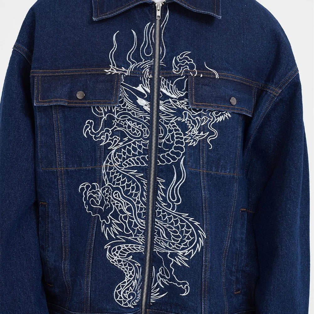 Dark Blue Denim Jacket with White Dragon Embroidery