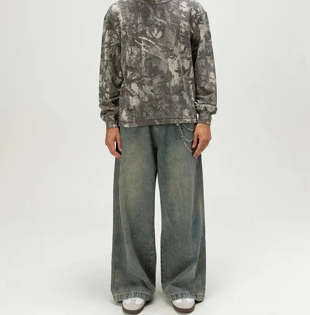 Blue Tinted Wide-Leg Jeans with Detachable Chain Detail