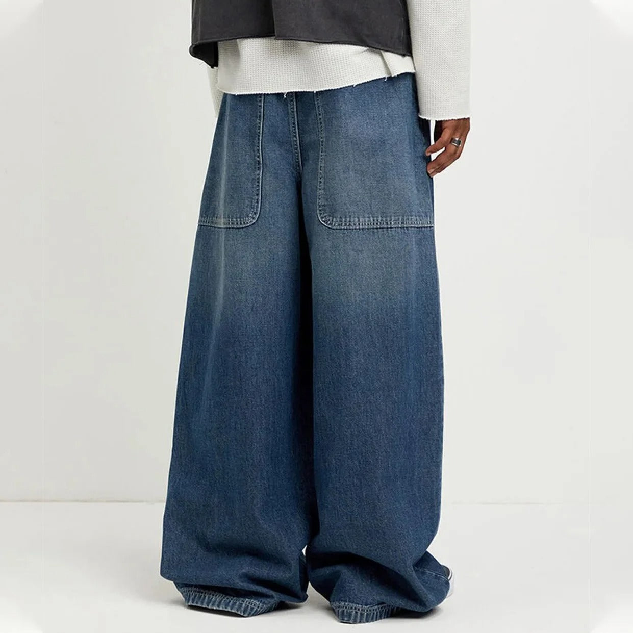 Mid Blue Extra Wide-Leg Jeans with Patch Back Pockets
