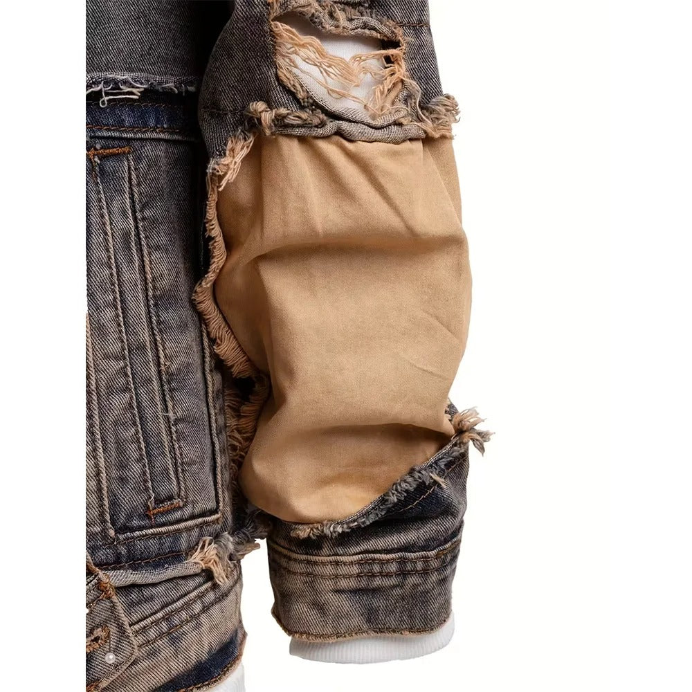Washed Grey Distressed Denim Jacket with Tan Patch Details