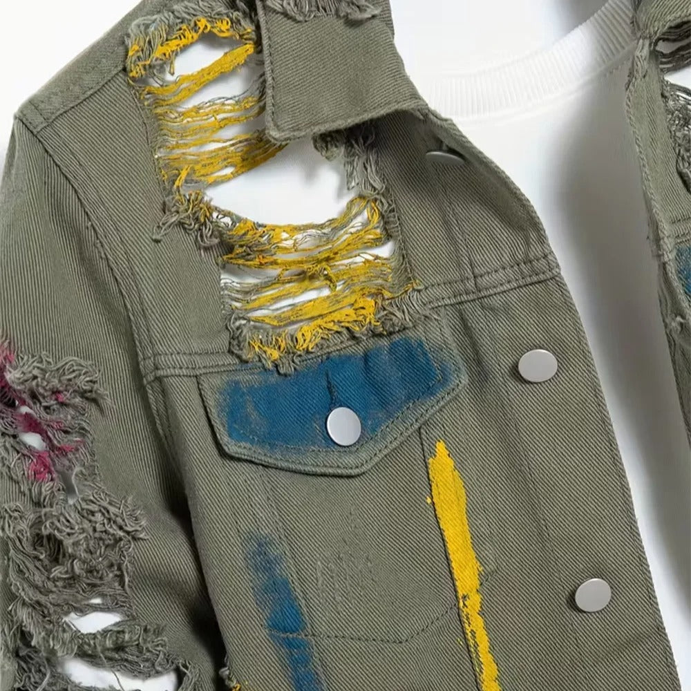 Olive Green Distressed Denim Jacket with Coloured Paint Details