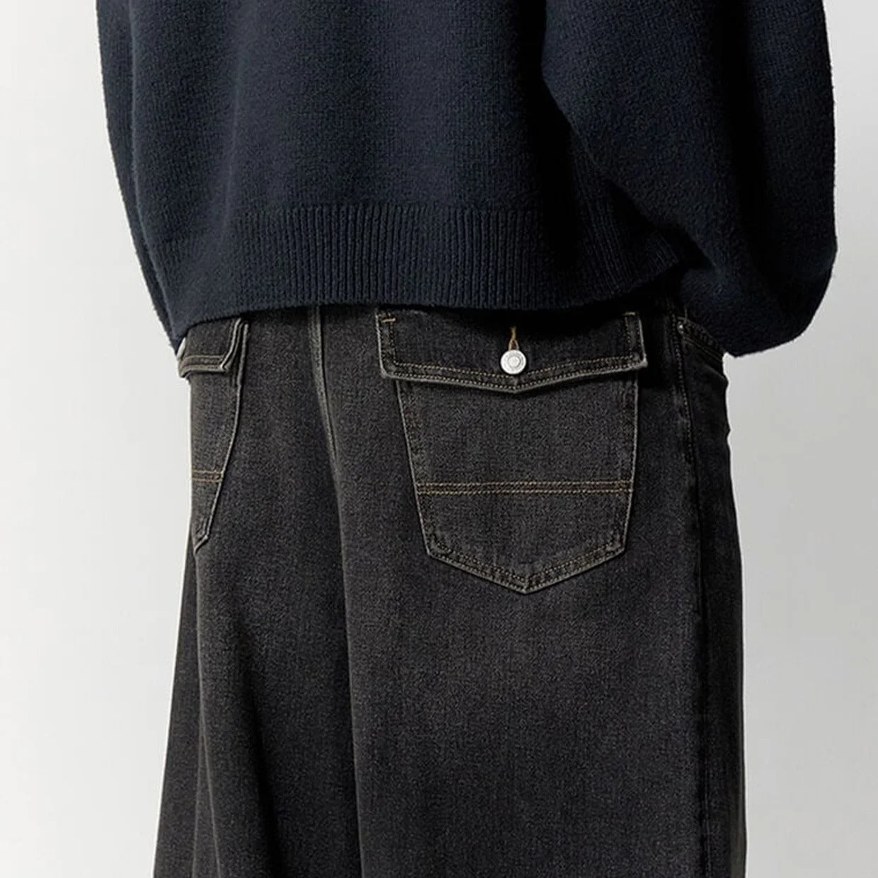 Washed Black Wide-Leg Jeans with Flap Back Pockets