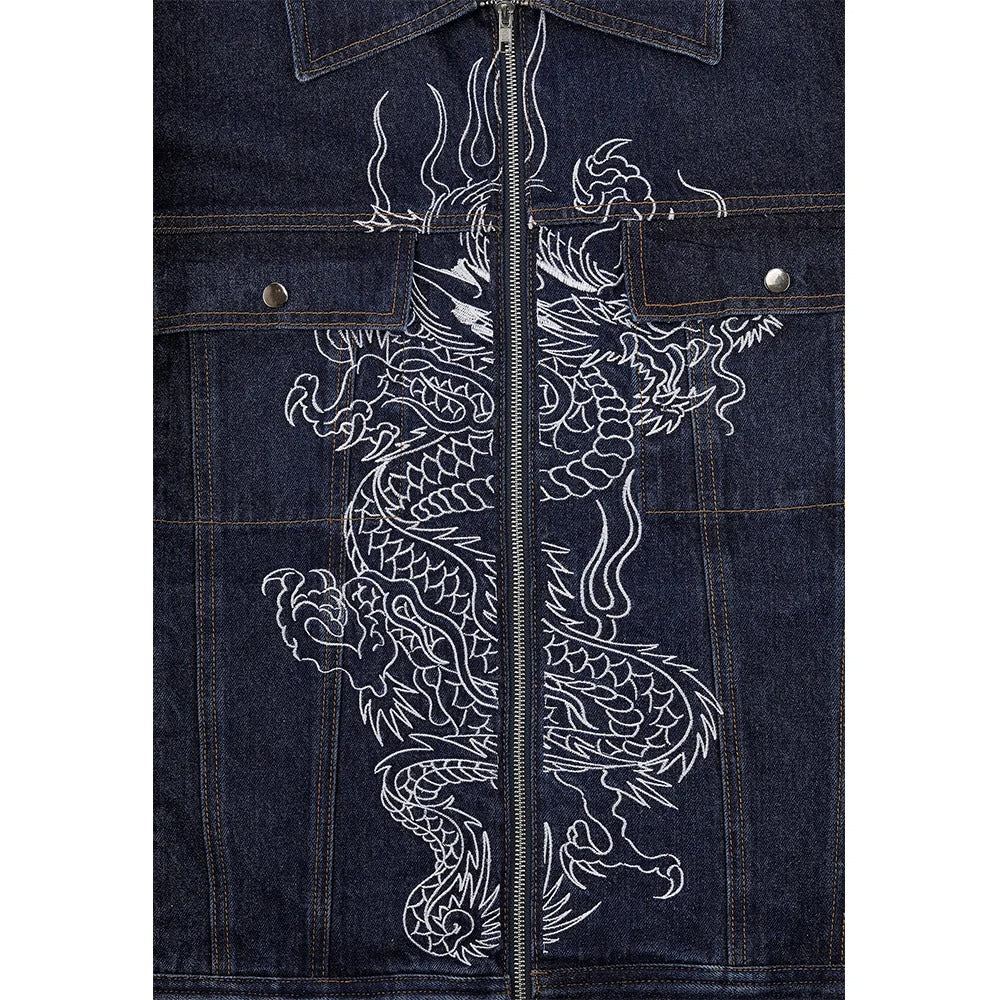 Dark Blue Denim Jacket with White Dragon Embroidery