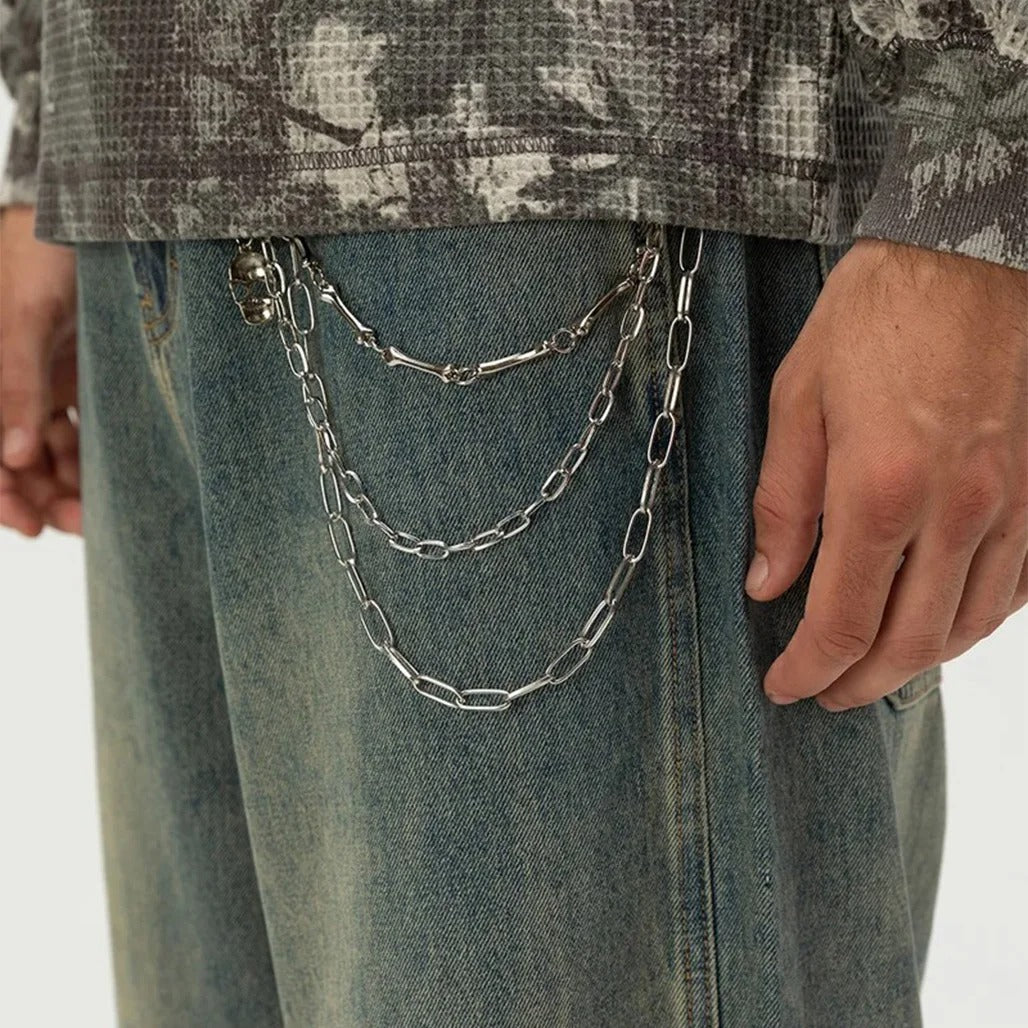Blue Tinted Wide-Leg Jeans with Detachable Chain Detail