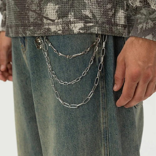 Blue Tinted Wide-Leg Jeans with Detachable Chain Detail