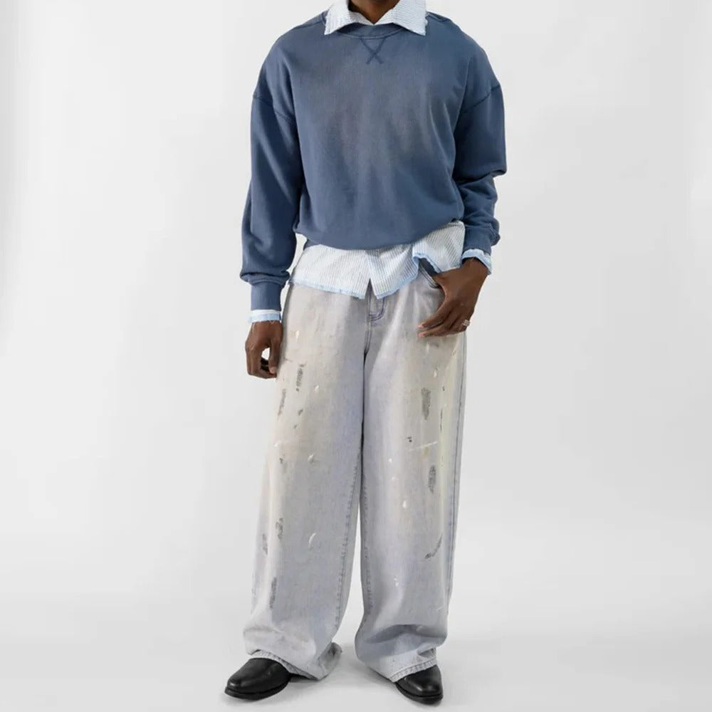 Light Grey-Blue Wide-Leg Jeans with Paint Splatter Effect