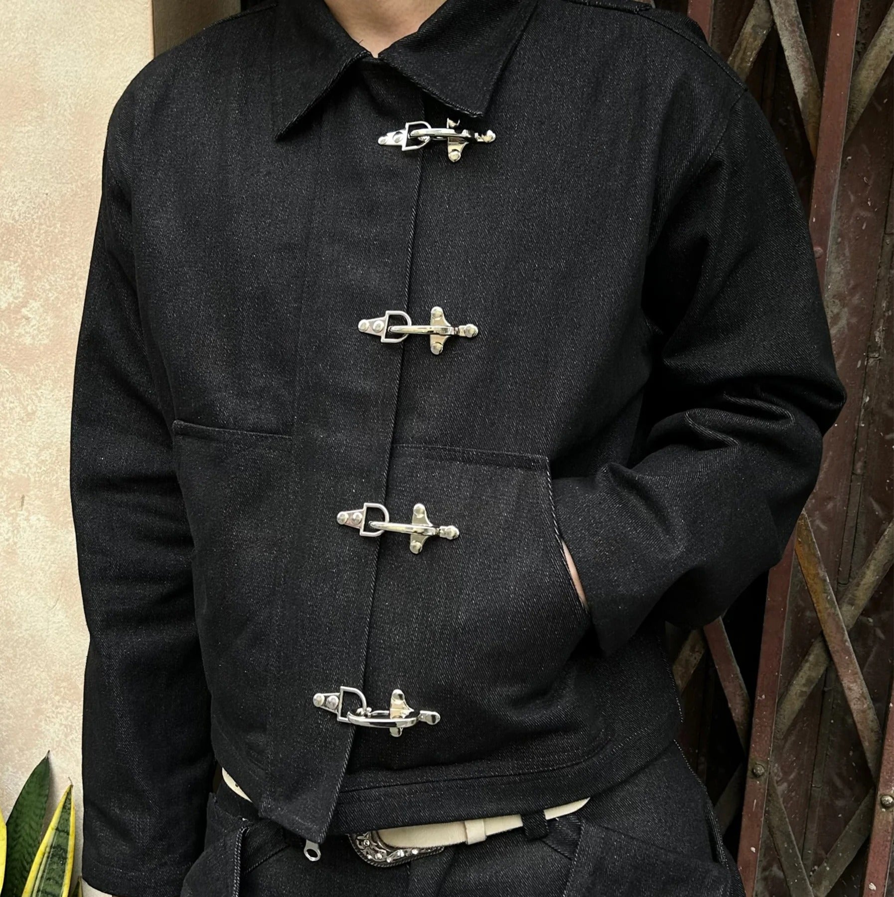 Black Denim Jacket with Metal Clasp Front Closure