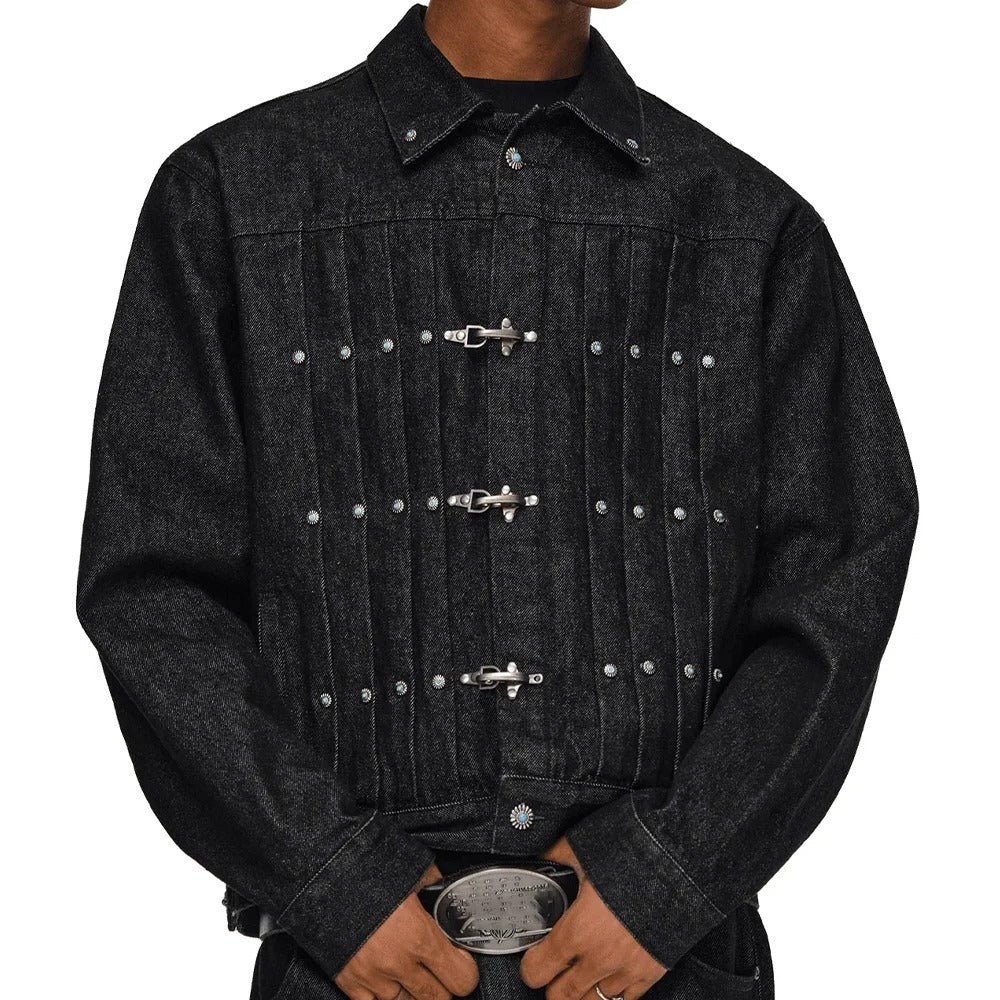 Black Denim Jacket with Metal Clasp Closures and Stud Details