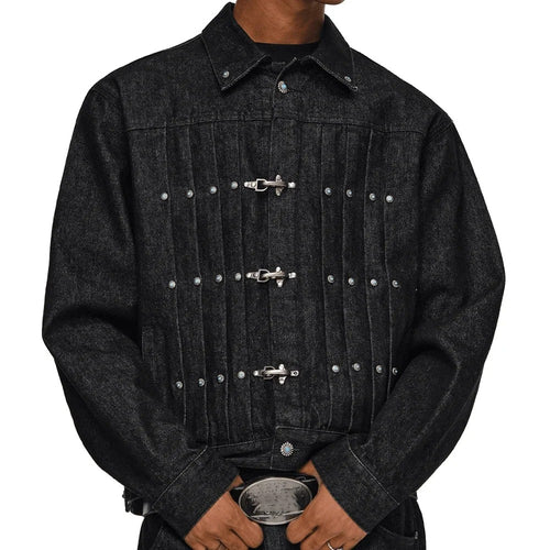 Black Denim Jacket with Metal Clasp Closures and Stud Details