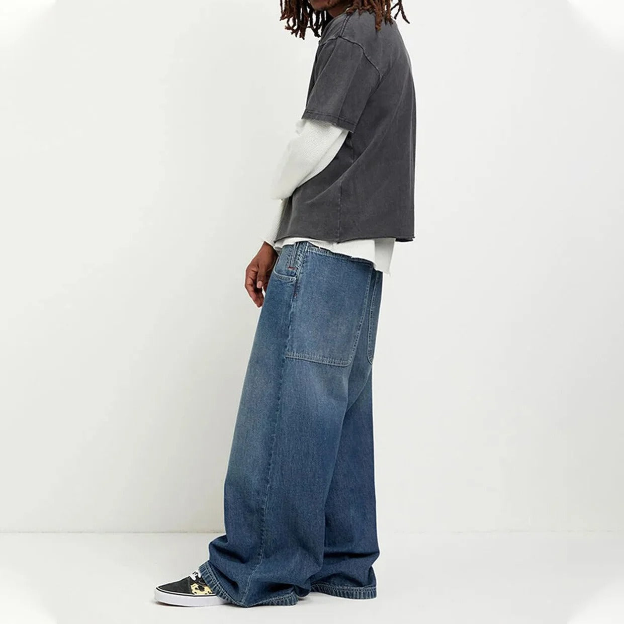 Mid Blue Extra Wide-Leg Jeans with Patch Back Pockets