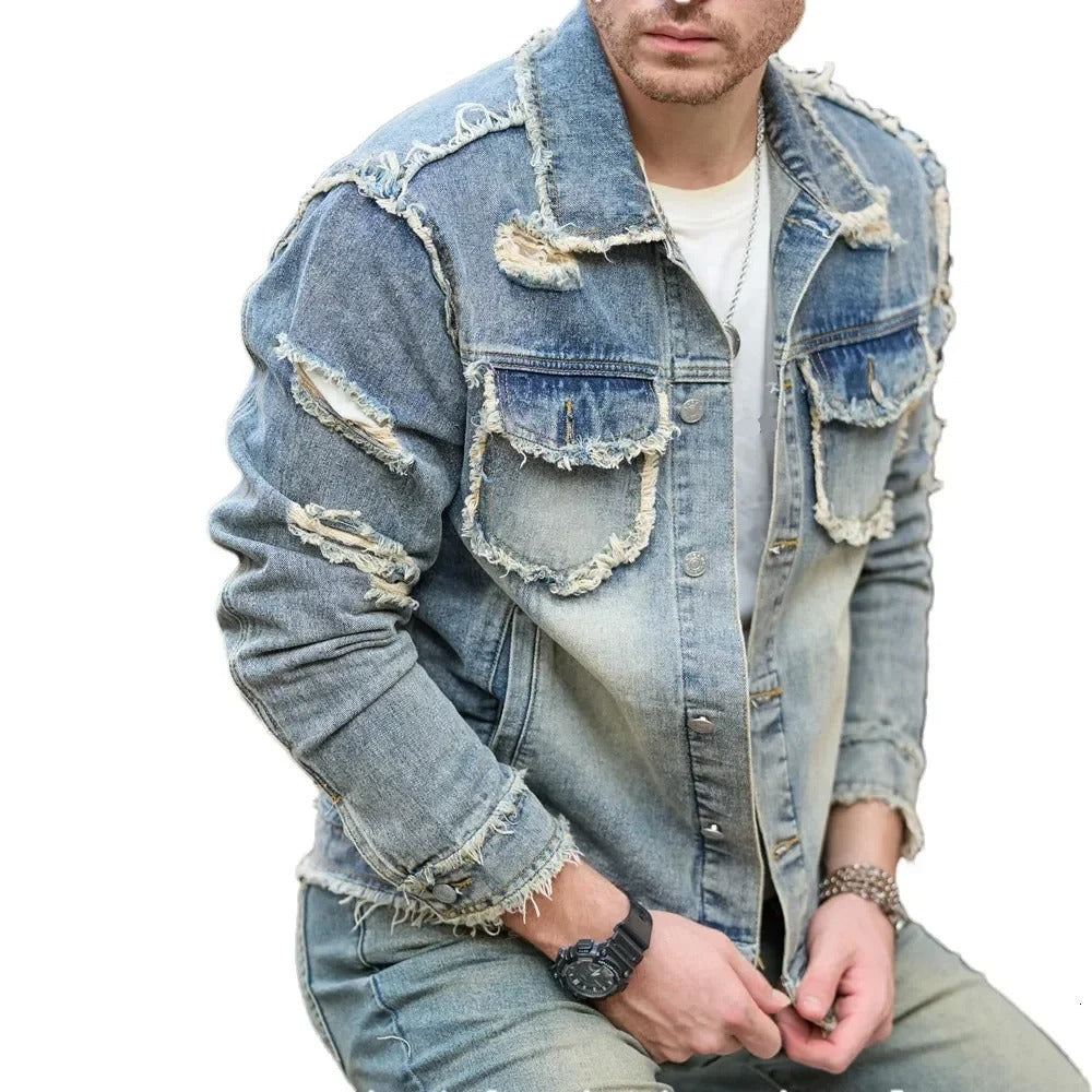 Faded Blue Denim Jacket with Frayed Edges and Distressed Details