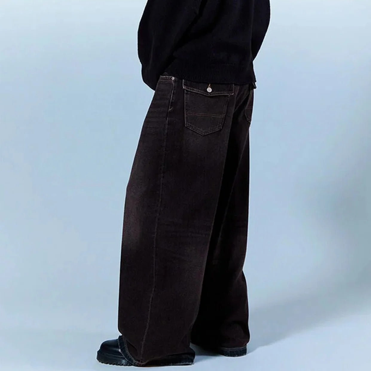 Washed Black Wide-Leg Jeans with Flap Back Pockets