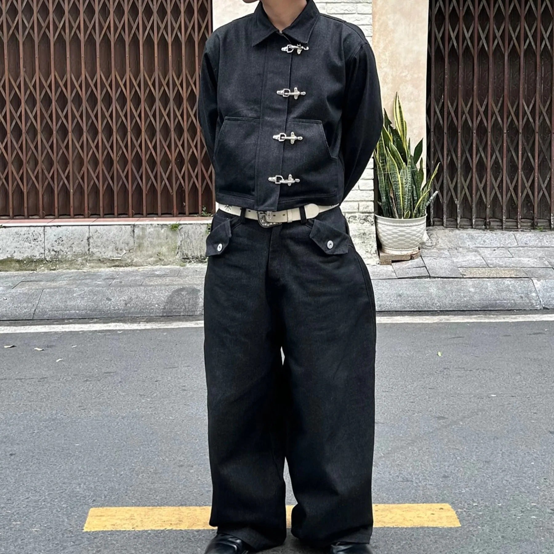 Black Denim Jacket with Metal Clasp Front Closure