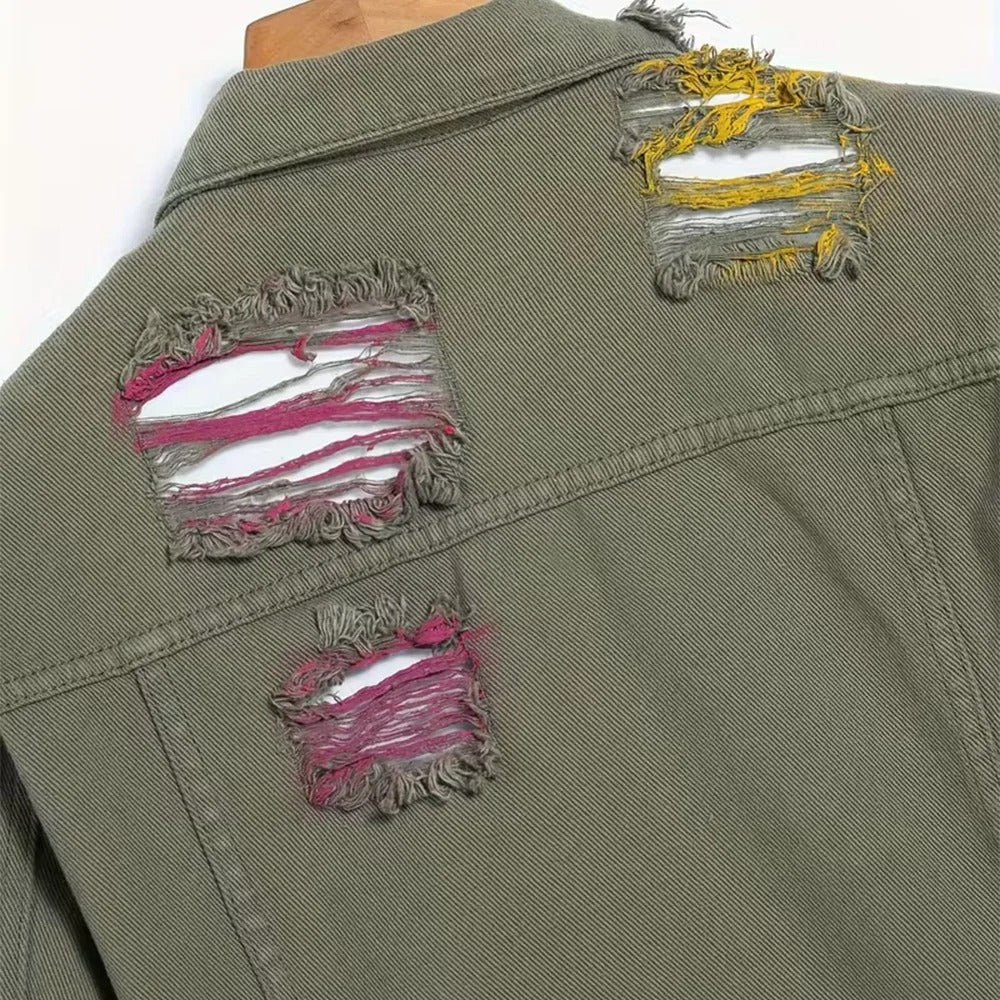Olive Green Distressed Denim Jacket with Coloured Paint Details