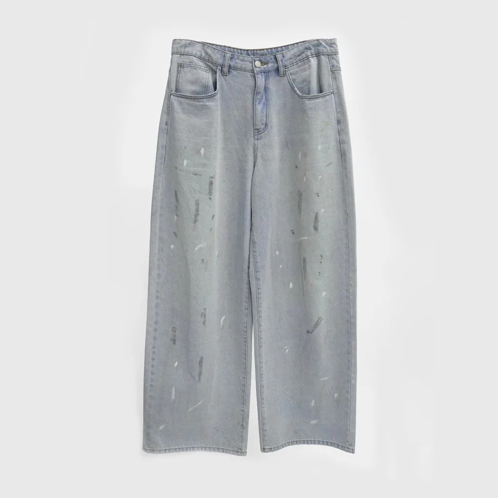 Light Grey-Blue Wide-Leg Jeans with Paint Splatter Effect